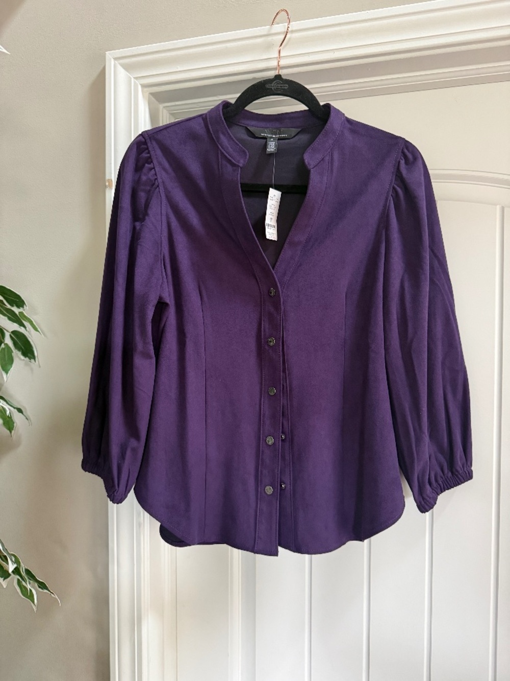 WHBM "ES Suede Shirt" Deep Amethyst Purple Snap Front Top Size 8 NWT